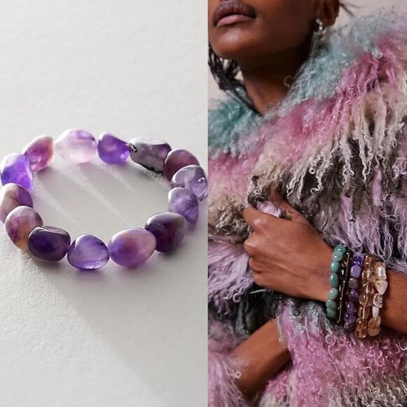 Free People Ariana Ost Crystal Stone Chunky Bracelet Amethyst Purple Bohemian - Picture 1 of 11